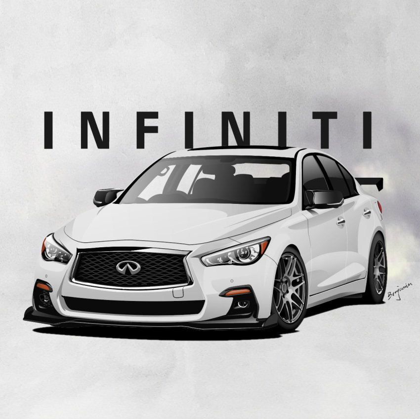 artist_name, benjamin_(user_scjv3278), car, highres, infiniti_(company), infiniti_q50, motor_vehicle, no_humans, original, shadow, smoke, spoiler_(automobile), vehicle_focus, white_car