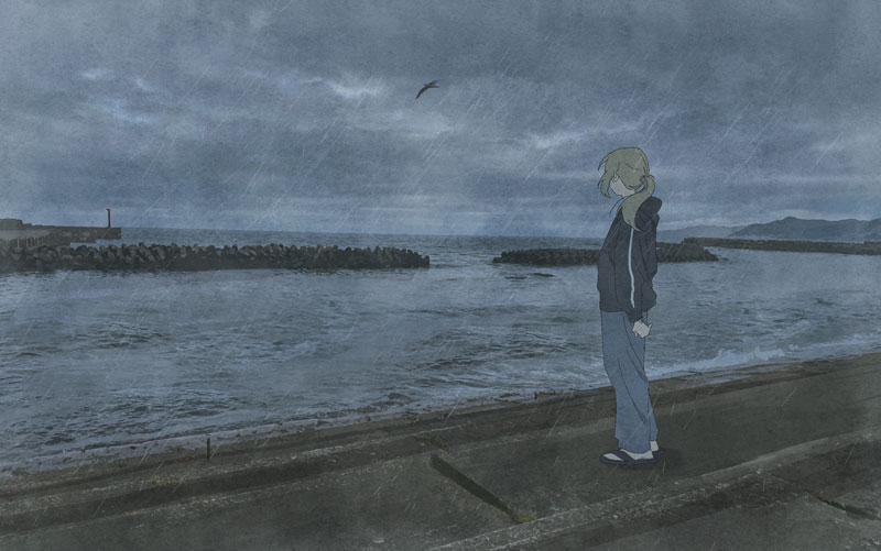1girl, bird, black_hoodie, blonde_hair, blue_pants, clouds, facing_away, hood, hood_down, hoodie, horizon, long_hair, long_sleeves, ocean, outdoors, overcast, pants, ponytail, rain, sandals, sazanami_no_shoujo-tachi, scenery, seaside, sky, socks, solo, soma_michiko, standing, storm, toratani_rin, water, white_socks, wide_shot