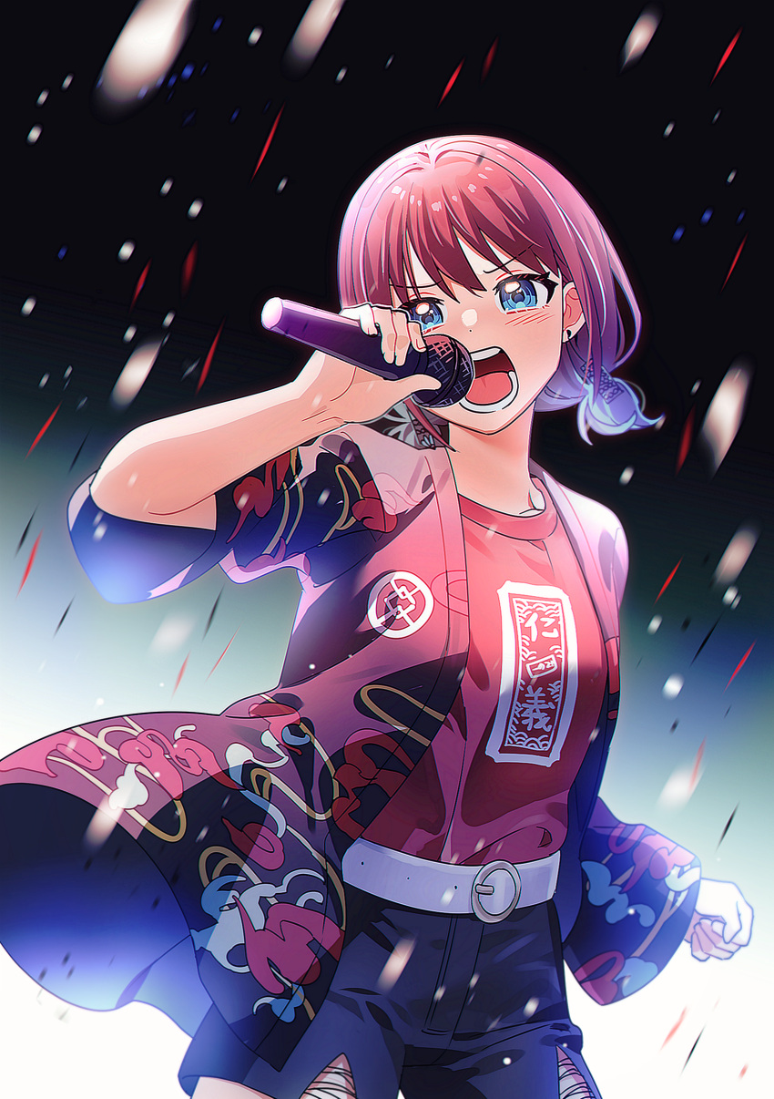 1girl, absurdres, belt, belt_buckle, black_shorts, blue_eyes, blue_hair, blush, brown_hair, buckle, coat, colored_tips, commentary, cowboy_shot, earrings, girls_band_cry, habsida_(habsida_hpy), happi, highres, holding, holding_microphone, iseri_nina, japanese_clothes, jewelry, kuuhaku_to_catharsis, looking_at_viewer, low_twintails, microphone, multicolored_hair, open_clothes, open_coat, open_mouth, red_shirt, shirt, short_hair, short_twintails, shorts, solo, teeth, twintails, white_belt