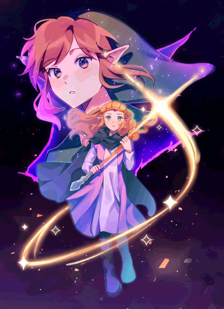 1boy, 1girl, blonde_hair, blue_eyes, cape, cloak, dress, green_tunic