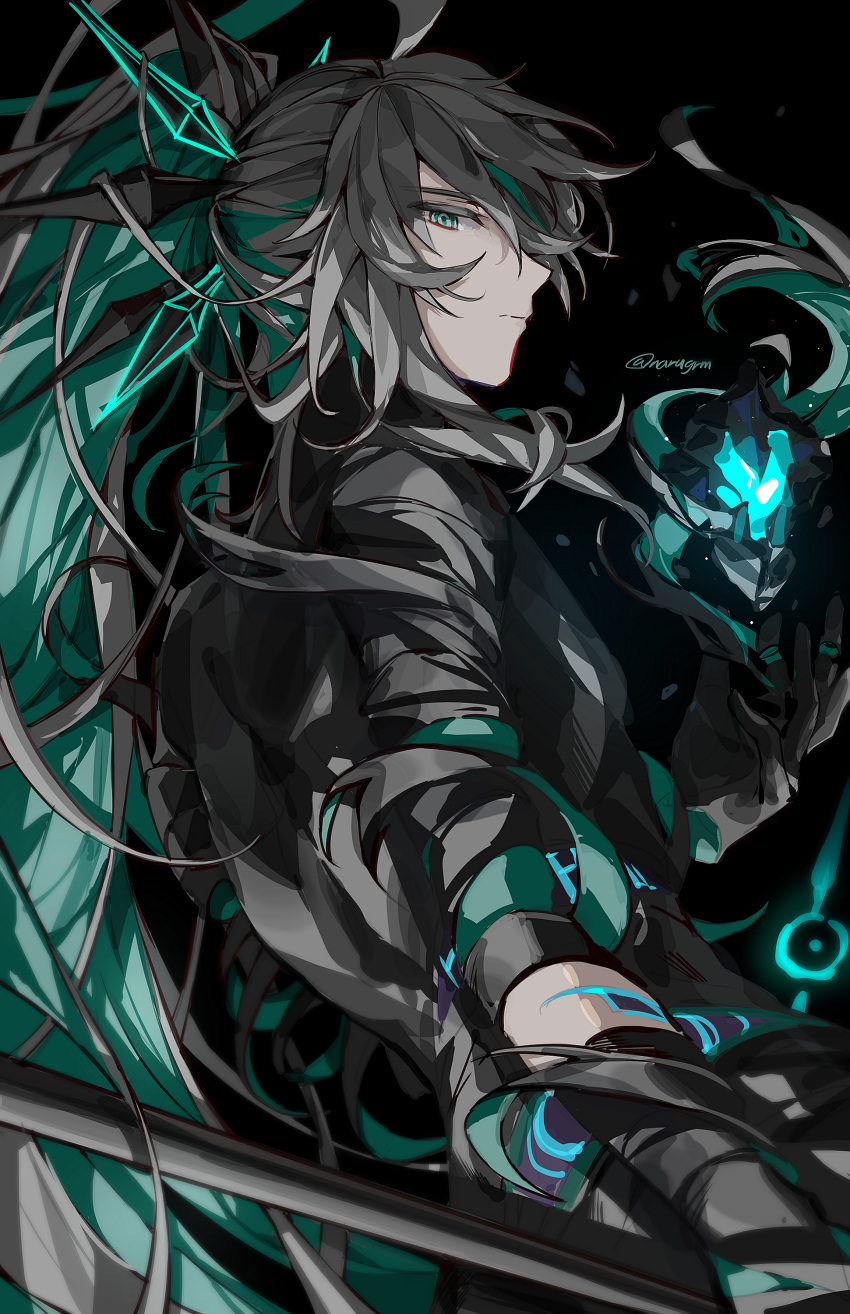 1boy, absurdres, ahoge, ainchase_ishmael, artist_name, black_background, black_gloves, black_robe