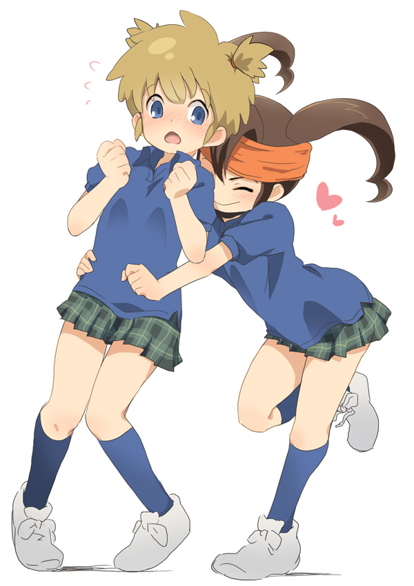 blue_eyes, blush, brown_hair, endou_mamoru, genderswap, headband, heart, inazuma_eleven