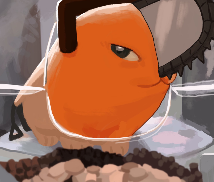 animal_focus, chainsaw, chainsaw_man, closed_mouth, commentary, creature, food, full_body