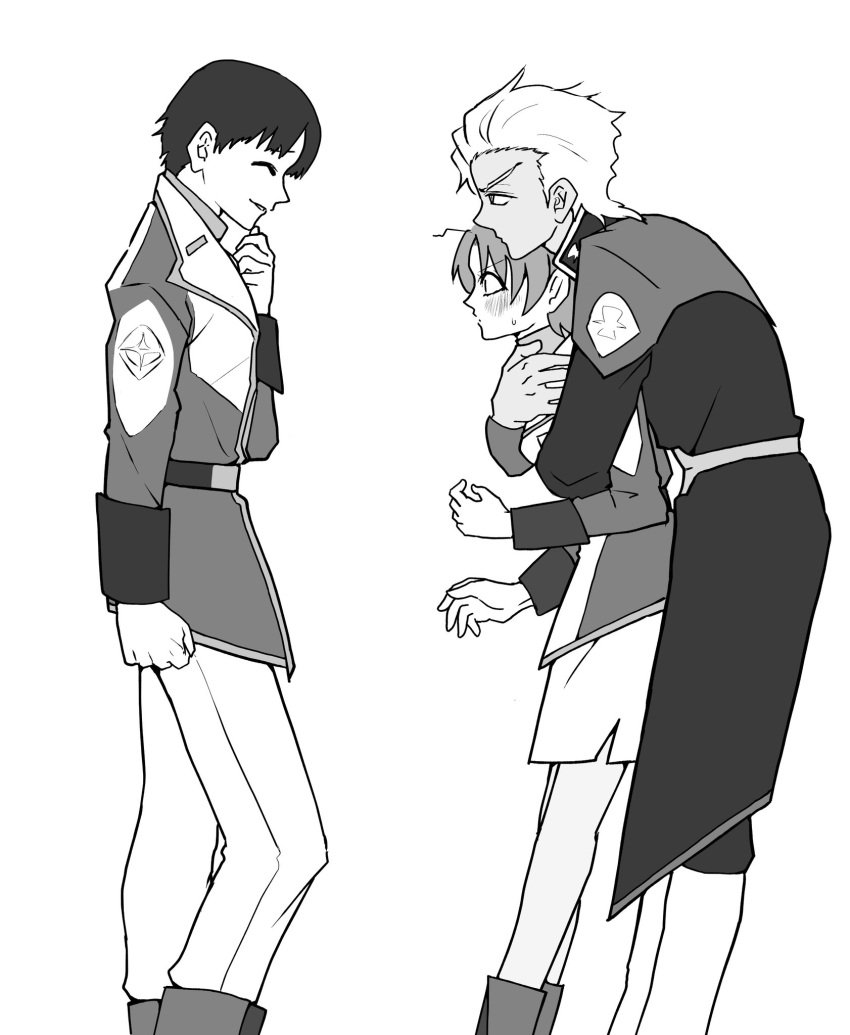 1girl, 2boys, angel, angry, arnold_neumann, black_hair, blonde_hair, blush