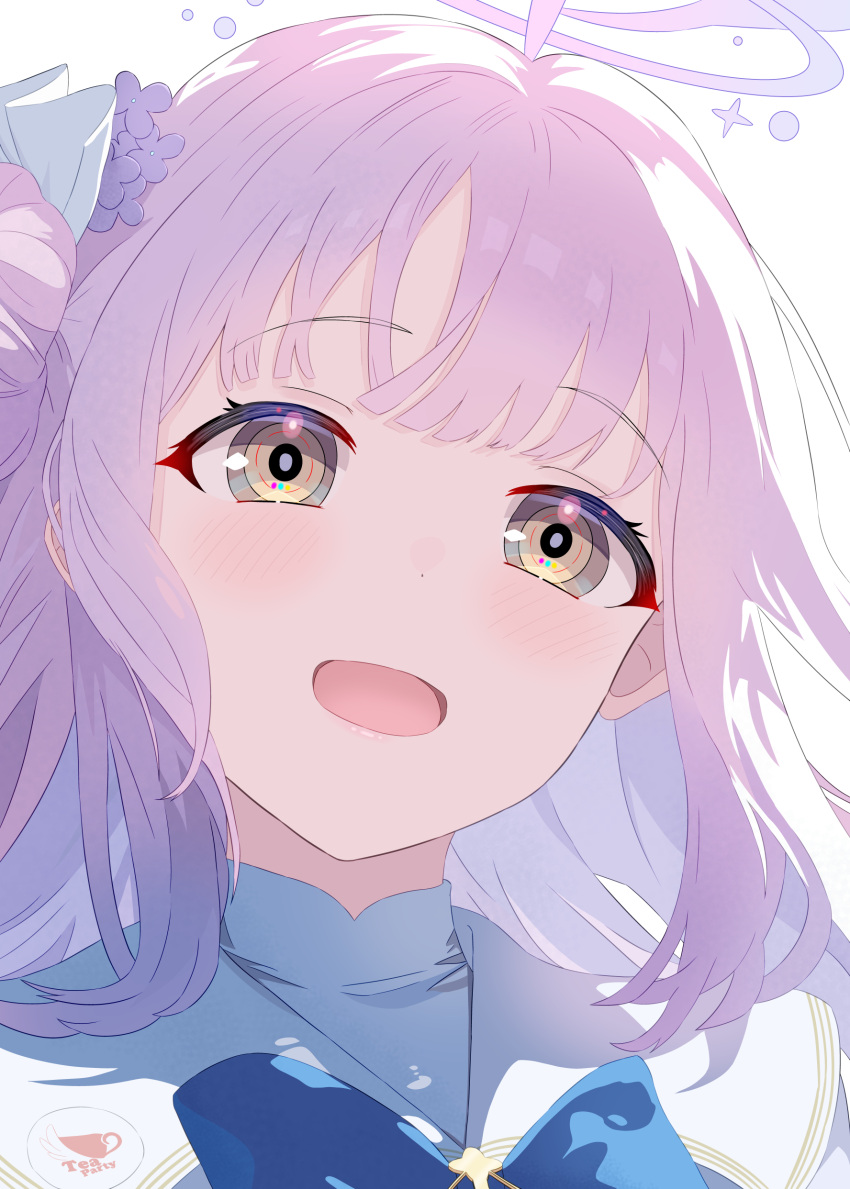 1girl, :d, absurdres, aya-cis, blue_archive, blush, commentary_request, flower