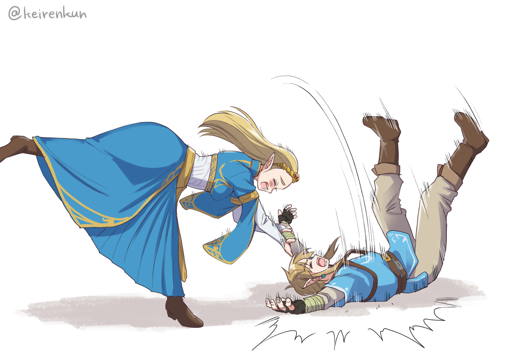 1boy, 1girl, blonde_hair, blue_dress, blush, boots, braid, breasts