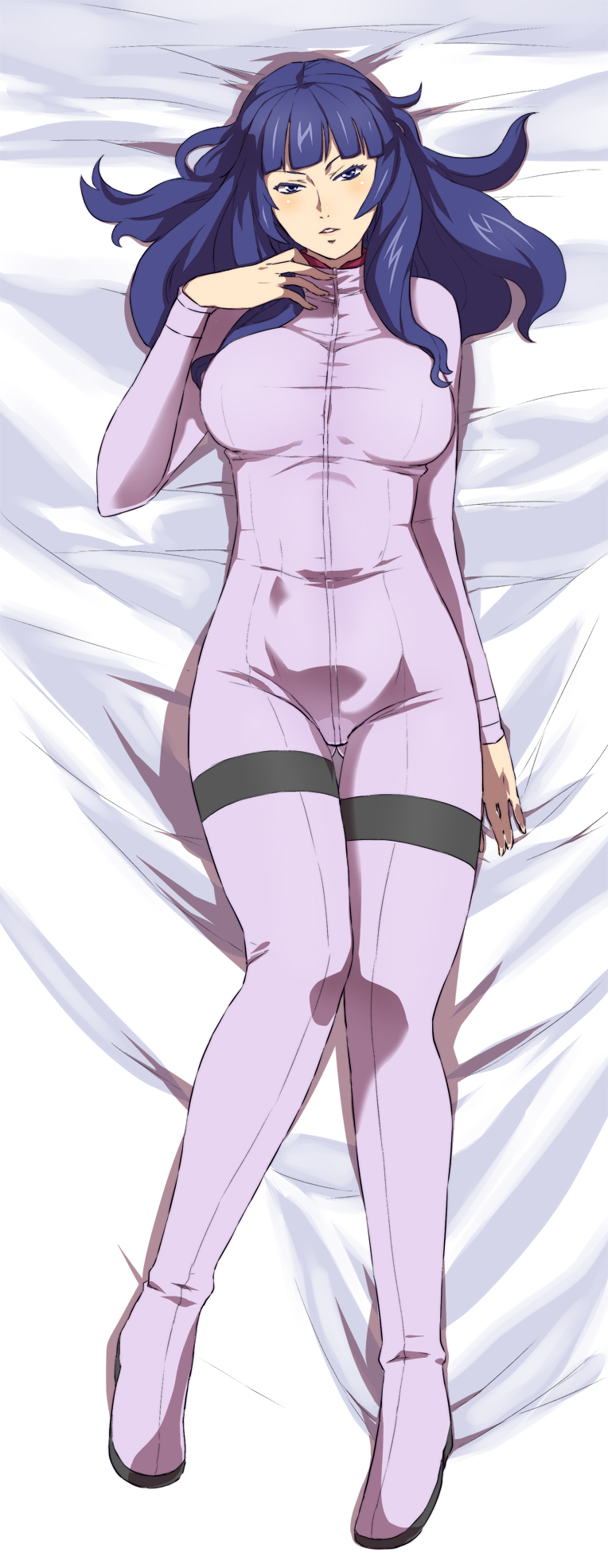blue_eyes, blue_hair, bodysuit, breasts, dakimakura, florence_kirishima, full-length_zipper, gundam, highres, jack_hamster, large_breasts, lipstick, long_hair, lying, messy_hair, sd_gundam_g-generation, taut_shirt, zipper