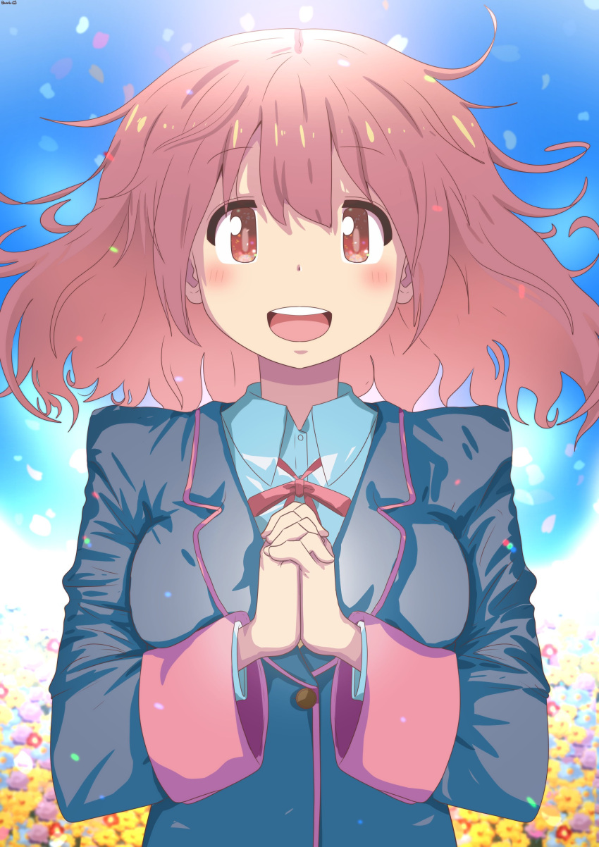 1girl, :d, absurdres, artist_name, bambi2000line, black_jacket, blush, breasts