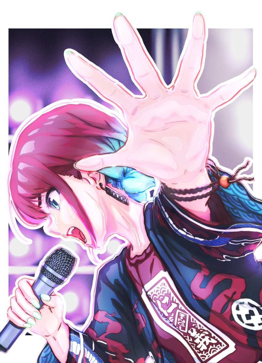 absurdres, blue_eyes, blue_hair, bracelet, coat, commentary_request, earrings, girls_band_cry