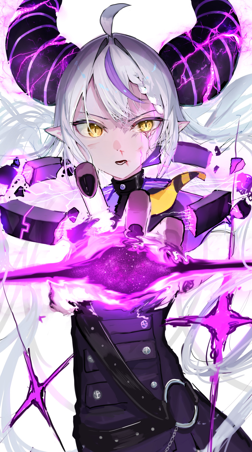 1girl, absurdres, ahoge, ascot, black_horns, blood, blood_from_mouth, blood_on_face