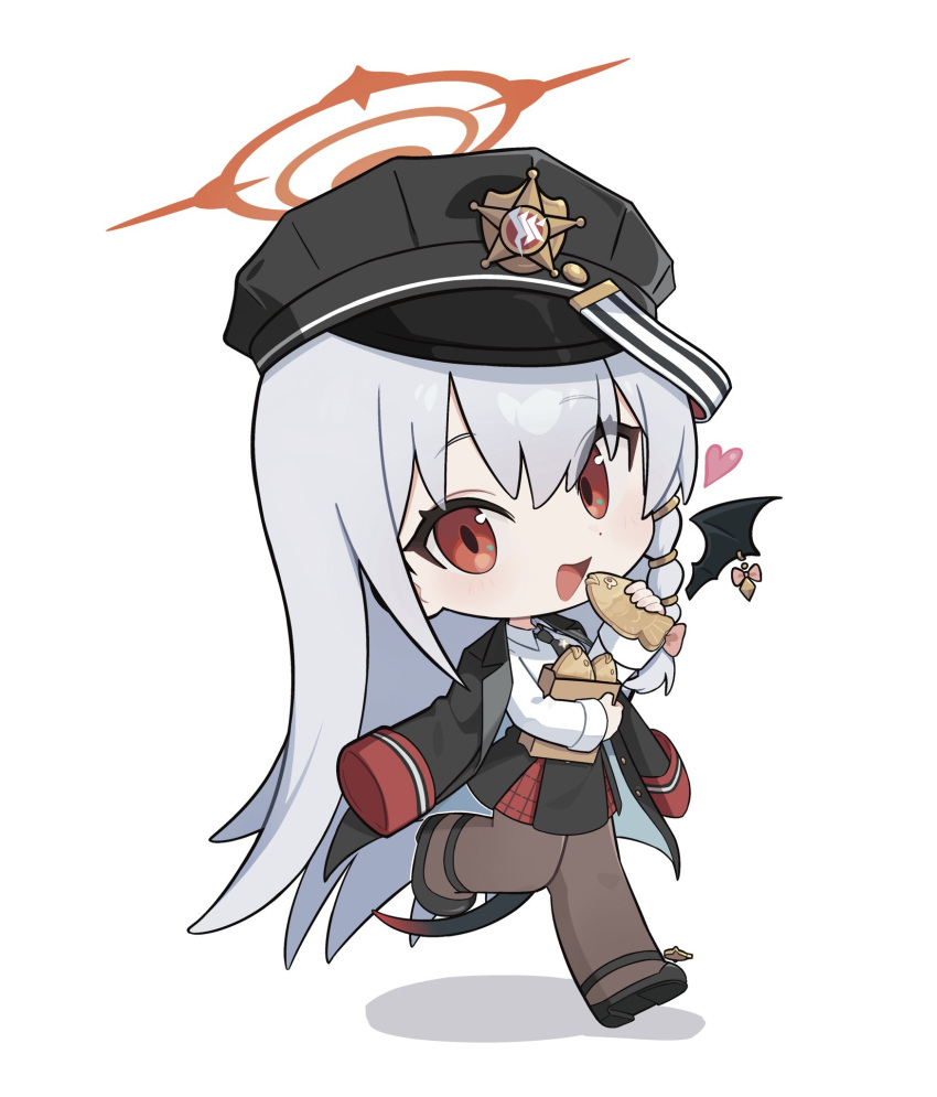 1girl, black_footwear, black_skirt, blue_archive, braid, brown_pantyhose, chibi, food