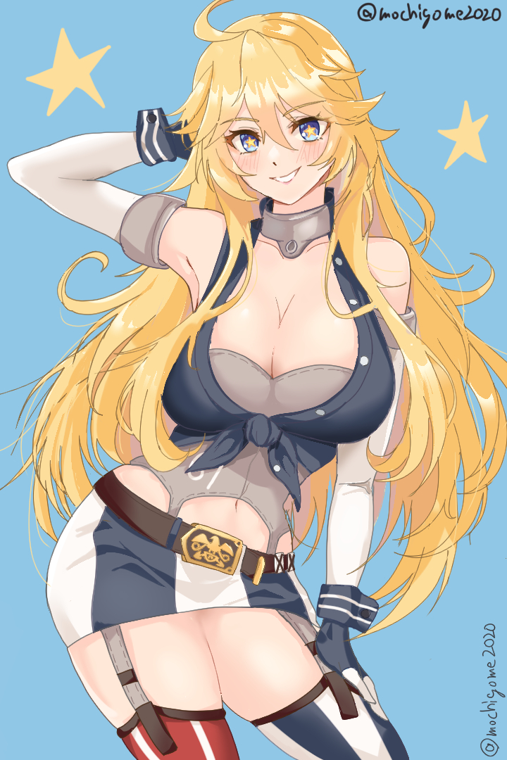 1girl, american_flag_legwear, asymmetrical_legwear, blonde_hair, blue_eyes, breasts, chamumi_(mochiumee), elbow_gloves