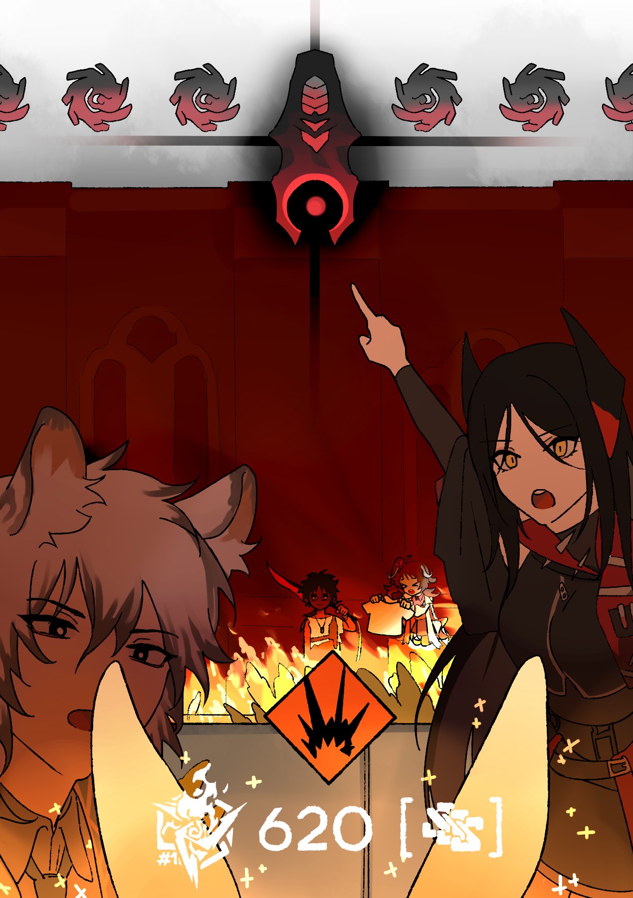 2girls, 3boys, animal_ear_fluff, animal_ears, arknights, black_dress, black_hair, commentary