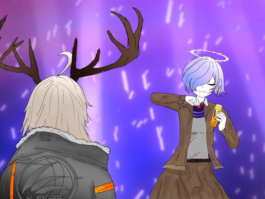 antlers, baking_soda, blue_hair, brown_jacket, closed_eyes, dancing, deer_antlers, deer_girl