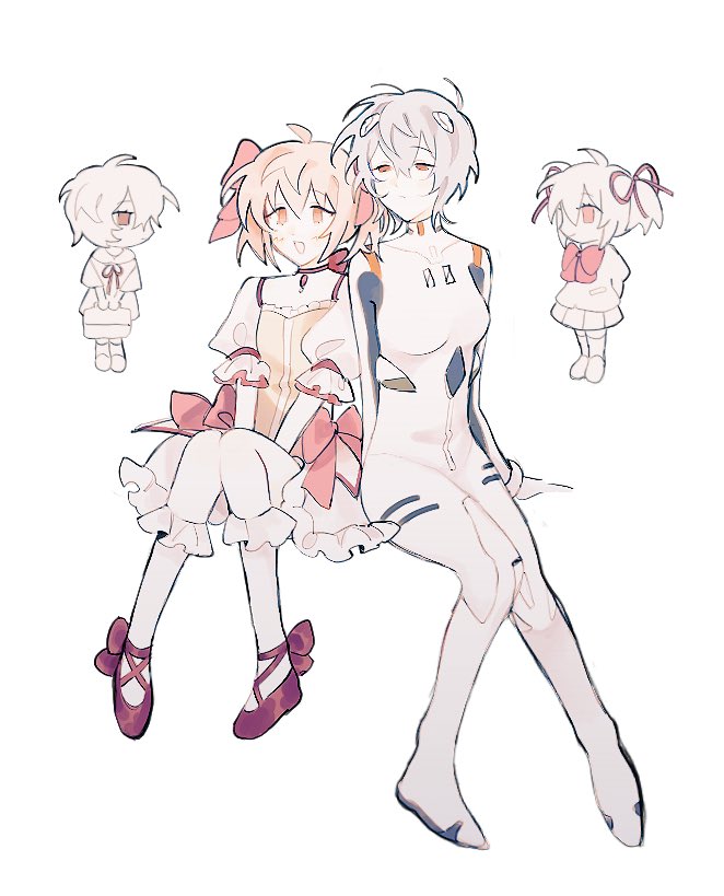 2girls, akechisu1, arms_behind_back, ayanami_rei, bag, bodysuit, bow, chibi, commentary, crossover, dress, dress_bow, frilled_dress, frilled_thighhighs, frills, full_body, hair_bow, hair_over_one_eye, holding, holding_bag, interface_headset, invisible_chair, kaname_madoka, kaname_madoka_(magical_girl), leaning_on_person, looking_afar, magical_girl, mahou_shoujo_madoka_magica, mahou_shoujo_madoka_magica_(anime), medium_hair, mitakihara_school_uniform, multiple_girls, multiple_views, neon_genesis_evangelion, open_mouth, own_hands_together, pastel_colors, pilot_suit, pink_bow, pink_dress, pleated_skirt, plugsuit, puffy_short_sleeves, puffy_sleeves, red_eyes, red_footwear, school_uniform, short_hair, short_sleeves, short_twintails, simple_background, sitting, skirt, soul_gem, squinting, standing, symbol-only_commentary, thigh-highs, tokyo-3_middle_school_uniform, twintails, two-tone_dress, white_background, white_bodysuit, white_dress, white_thighhighs