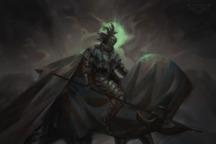 1boy, absurdres, armor, artist_name, black_armor, black_cape, cape, cuisses, dark_background, elden_ring, facing_down, gauntlets, glaive_(polearm), greaves, highres, holding, holding_polearm, holding_weapon, horse, knight, moon, night, night's_cavalry, plume, polearm, solo, varrulin_(sandpontiff), weapon, wide_shot