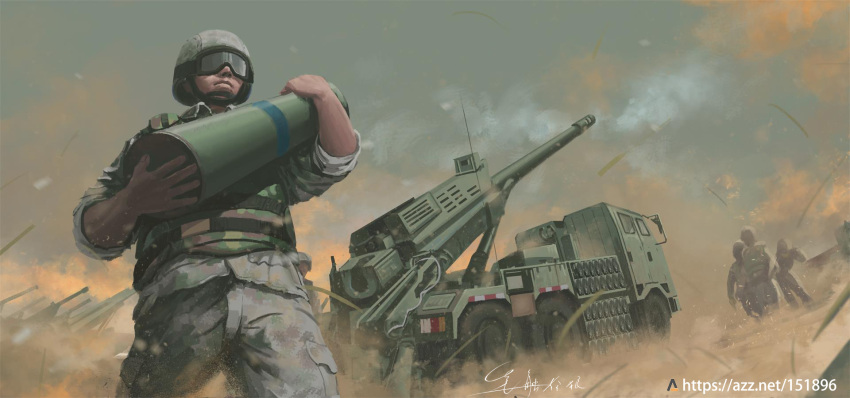 1boy, artillery, artillery_shell, body_armor, camouflage, from_below, goggles, grey_sky