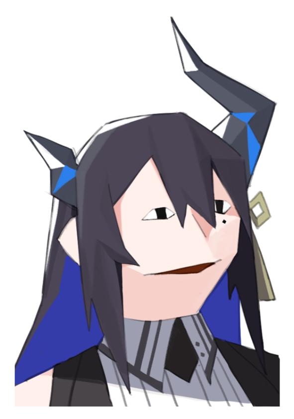 1girl, asymmetrical_horns, black_coat, black_eyes, black_hair, blue_hair, border, coat