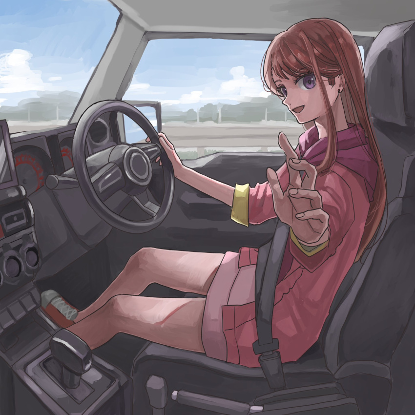 1girl, bare_legs, blue_sky, brown_hair, car, car_interior, clouds, cloudy_sky