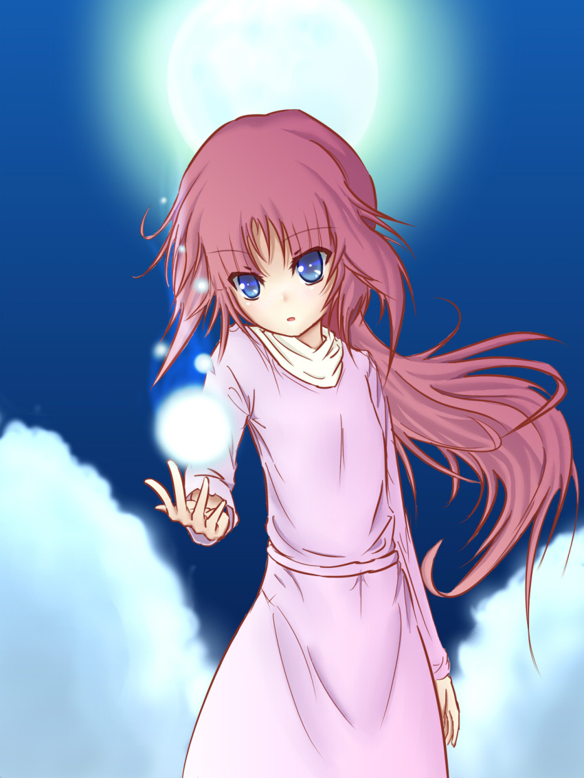 blue_eyes, cloud, clouds, gundam, highres, long_hair, moon, nasuaki_(nas-aki)