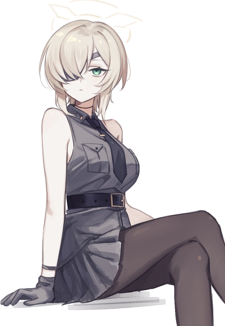 1girl, bare_shoulders, belt, black_gloves, blonde_hair, blue_archive, breasts, closed_mouth