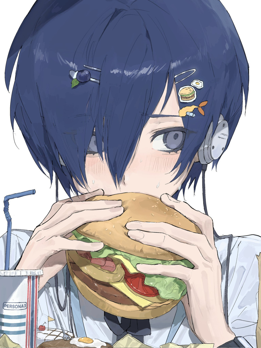 1boy, blue_eyes, blue_hair, blush, burger, copyright_name, cup, disposable_cup