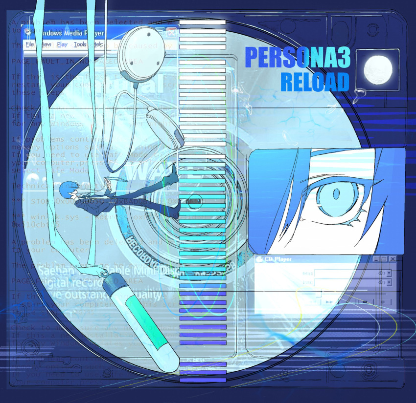 1boy, blue_eyes, blue_hair, blue_theme, cd, copyright_name, digital_media_player, earphones