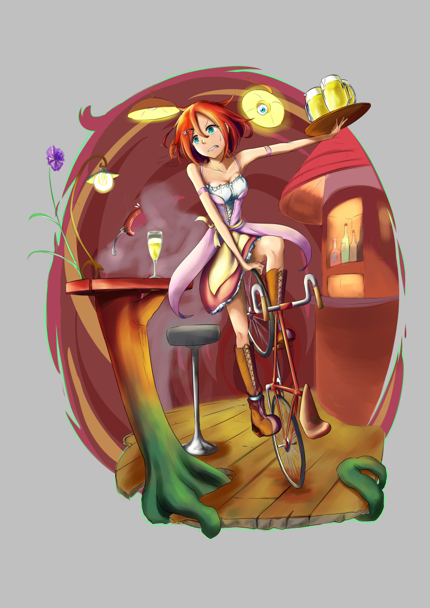 1boy, 1girl, absurdres, armband, balancing_on_bicycle, bar_(place), beer_mug, bicycle