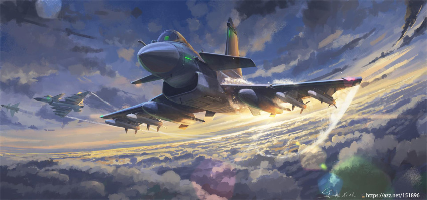 above_clouds, aircraft, airplane, clouds, condensation, drop_tank, fighter_jet, glaring, glowing, highres, horizon, j-10, jet, military_vehicle, original, people's_liberation_army, people's_liberation_army_air_force, pl-12, shouhui_lang_qun, signature, sky, vehicle_focus, watermark, web_address