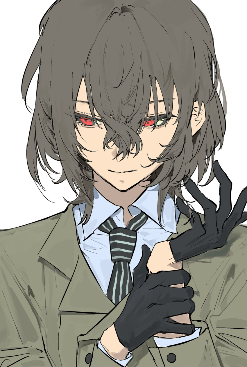 1boy, akechi_gorou, black_gloves, black_hair, closed_mouth, collared_shirt, gloves, grey_jacket