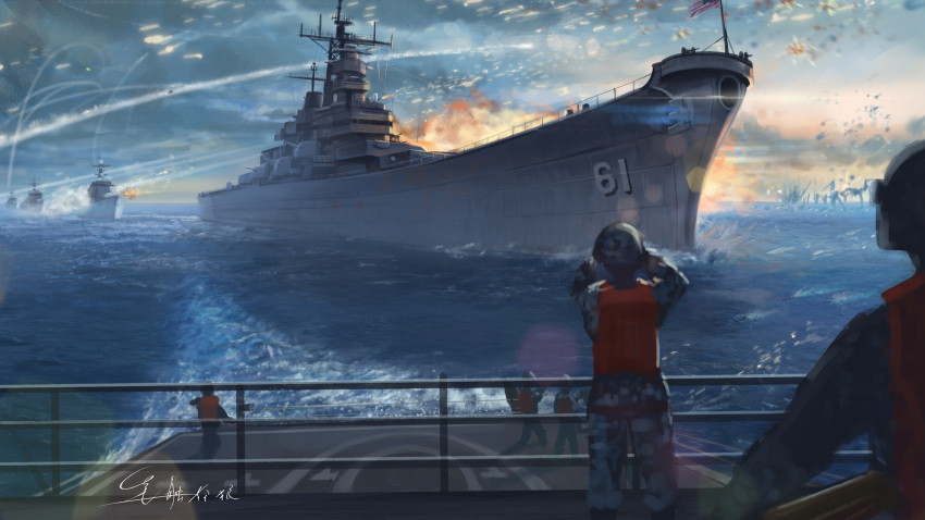 5others, arleigh_burke_class, battleship, binoculars, camouflage, clouds, explosion, firing, glaring, helmet, high-visibility_vest, highres, holding, holding_binoculars, military_vehicle, missile, multiple_others, muzzle_flash, ocean, original, ship, shouhui_lang_qun, sky, smoke_trail, united_states_navy, uss_iowa_(bb-61), warship, watercraft
