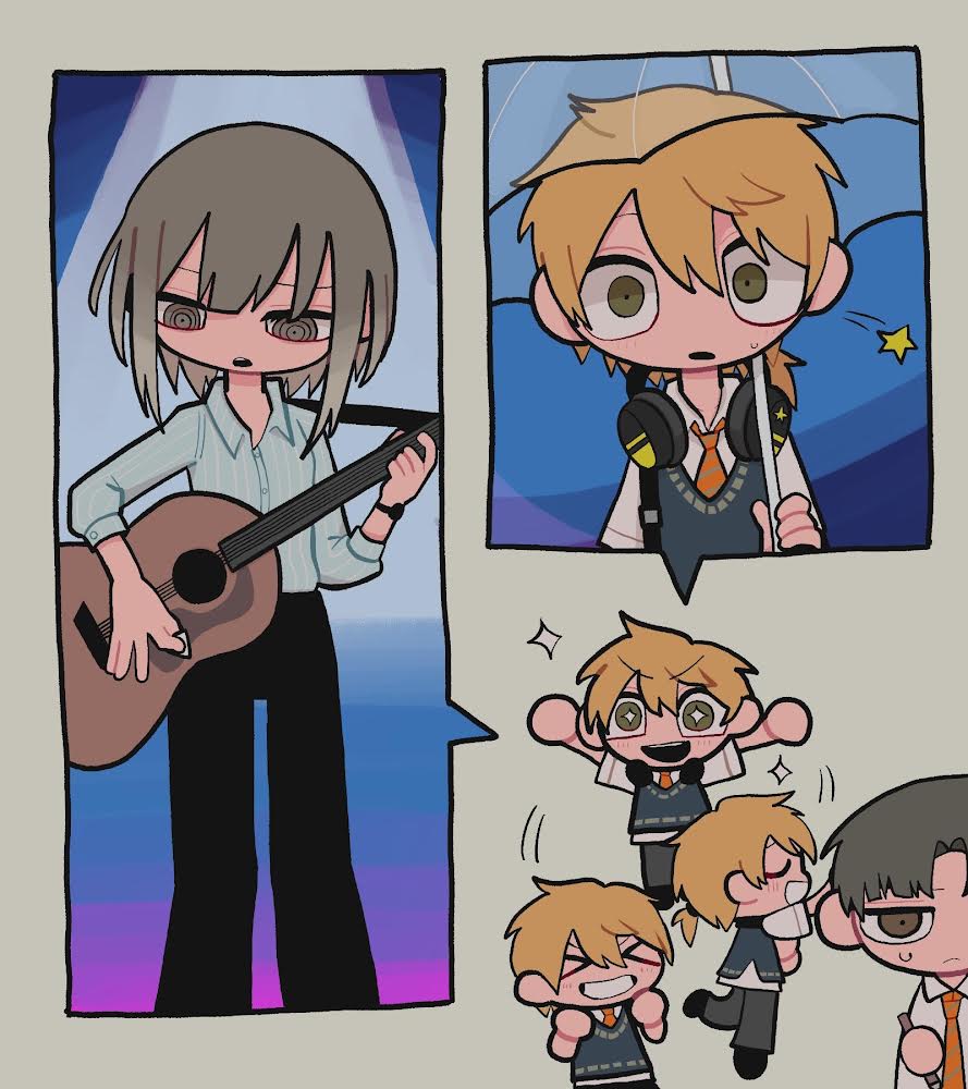 1girl, 2boys, asaya_kanata, blonde_hair, excited, guitar_strap, headphones, headphones_around_neck