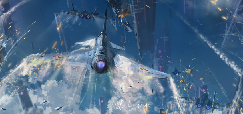 afterburner, aircraft, airplane, alien, battle, blue_sky, explosion, fighter_jet