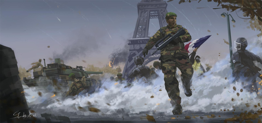 1boy, 6+others, assault_rifle, beret, body_armor, bullpup, camouflage, eiffel_tower, famas, flag, french_army, french_flag, gas_mask, gun, hat, high-visibility_vest, highres, holding, holding_flag, lamppost, leclerc_(tank), mask, military_vehicle, motor_vehicle, multiple_others, open_mouth, original, paris, rifle, shouhui_lang_qun, signature, smoke, solo_focus, tank, tree, weapon