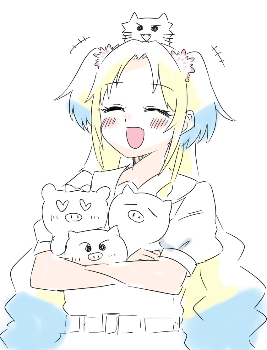 +++, 1girl, ^_^, absurdres, animal, animal_on_head, blonde_hair, blue_hair, blush, closed_eyes, colored_tips, fang, fangs, flower, hair_flower, hair_ornament, hasu_no_sora_school_uniform, heart, heart-shaped_eyes, highres, holding, holding_animal, kanzaki_gou, light_blue_hair, link!_like!_love_live!, long_hair, love_live!, multicolored_hair, on_head, open_mouth, osawa_rurino, parted_bangs, partially_colored, pig, pink_flower, puffy_short_sleeves, puffy_sleeves, sailor_collar, school_uniform, short_sleeves, simple_background, skin_fang, summer_uniform, three_little_pigs, twintails, upper_body, virtual_youtuber, white_background