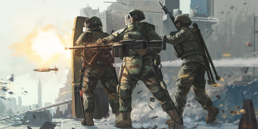 3boys, ammunition_box, assault_rifle, ballistic_shield, battle, bayonet, body_armor, boots