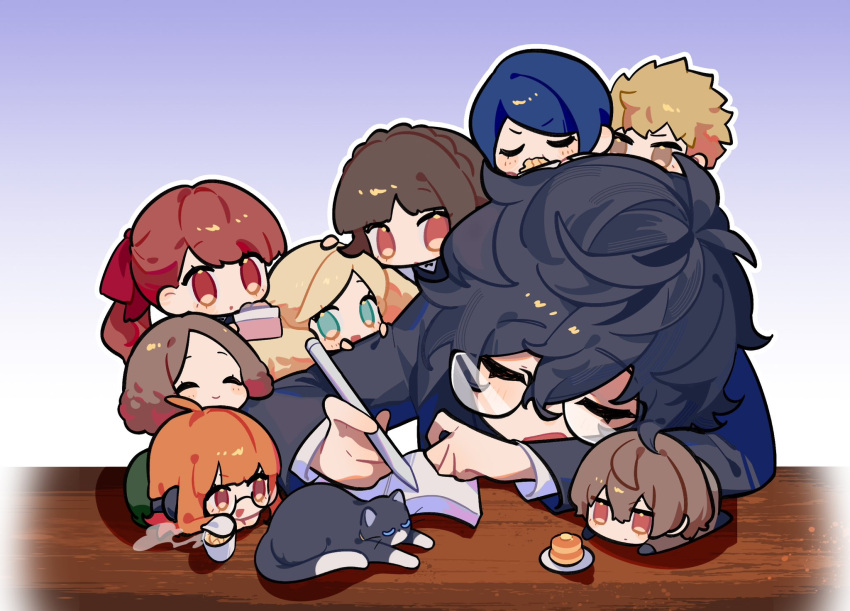 4boys, 5girls, akechi_gorou, amamiya_ren, animal, black_cat, black_hair, blonde_hair