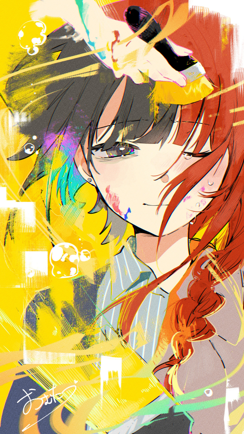 1girl, absurdres, black_eyes, black_hair, braid, brown_hair, closed_mouth, hair_ornament