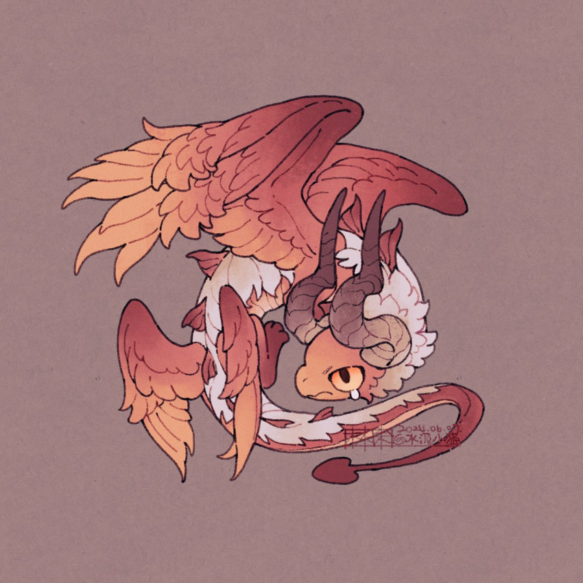 animal_focus, artist_name, azdaja_(ff14), brown_background, dated, dragon, feathered_wings, final_fantasy