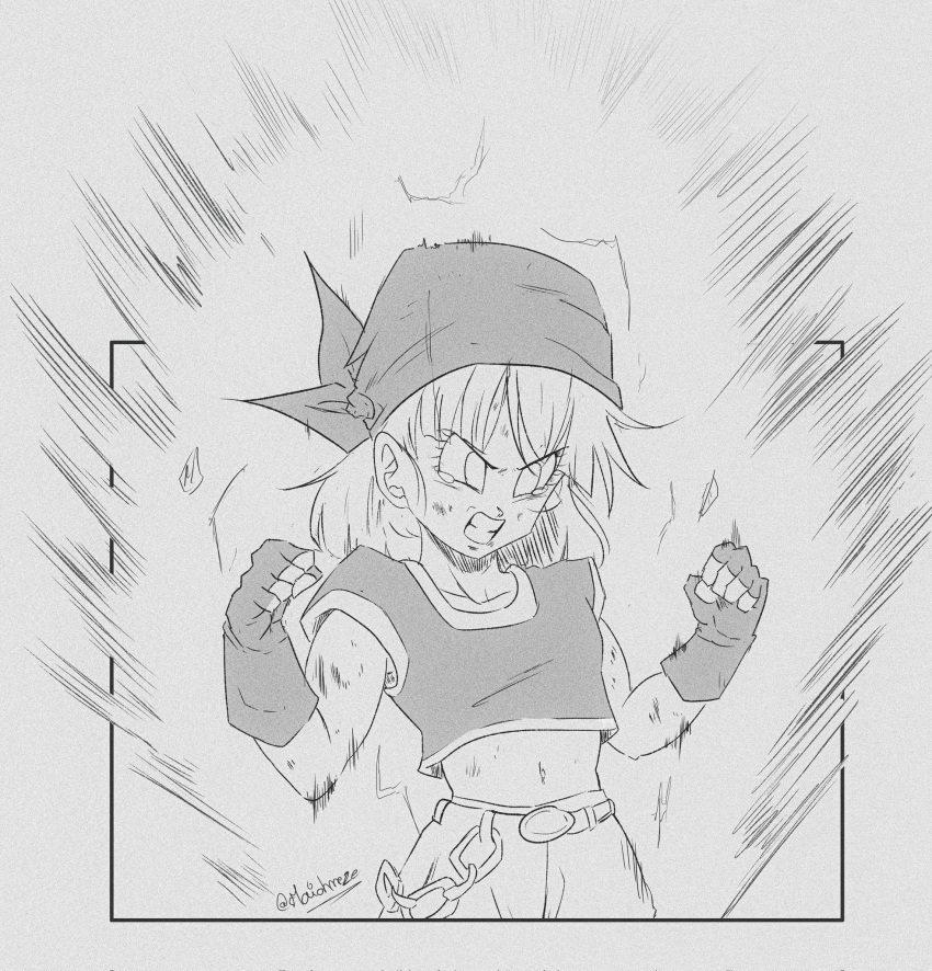 1girl, artist_name, bandana, belt, chain, dragon_ball, dragon_ball_gt, fingerless_gloves