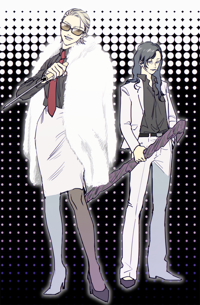 2girls, belt, black-framed_eyewear, black_background, black_belt, black_shirt, blazer, blonde_hair