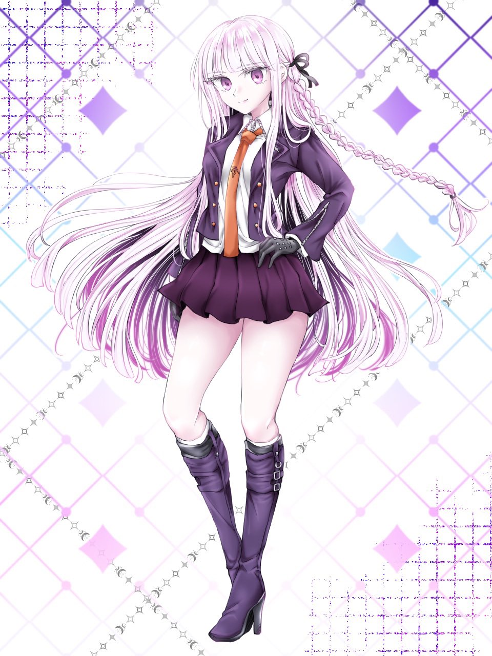 1girl, black_gloves, boots, braid, collared_shirt, danganronpa:_trigger_happy_havoc, danganronpa_(series), full_body