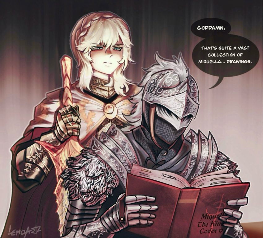 1girl, 1other, annoyed, armor, blonde_hair, bloody_wolf_(elden_ring), blue_eyes, book