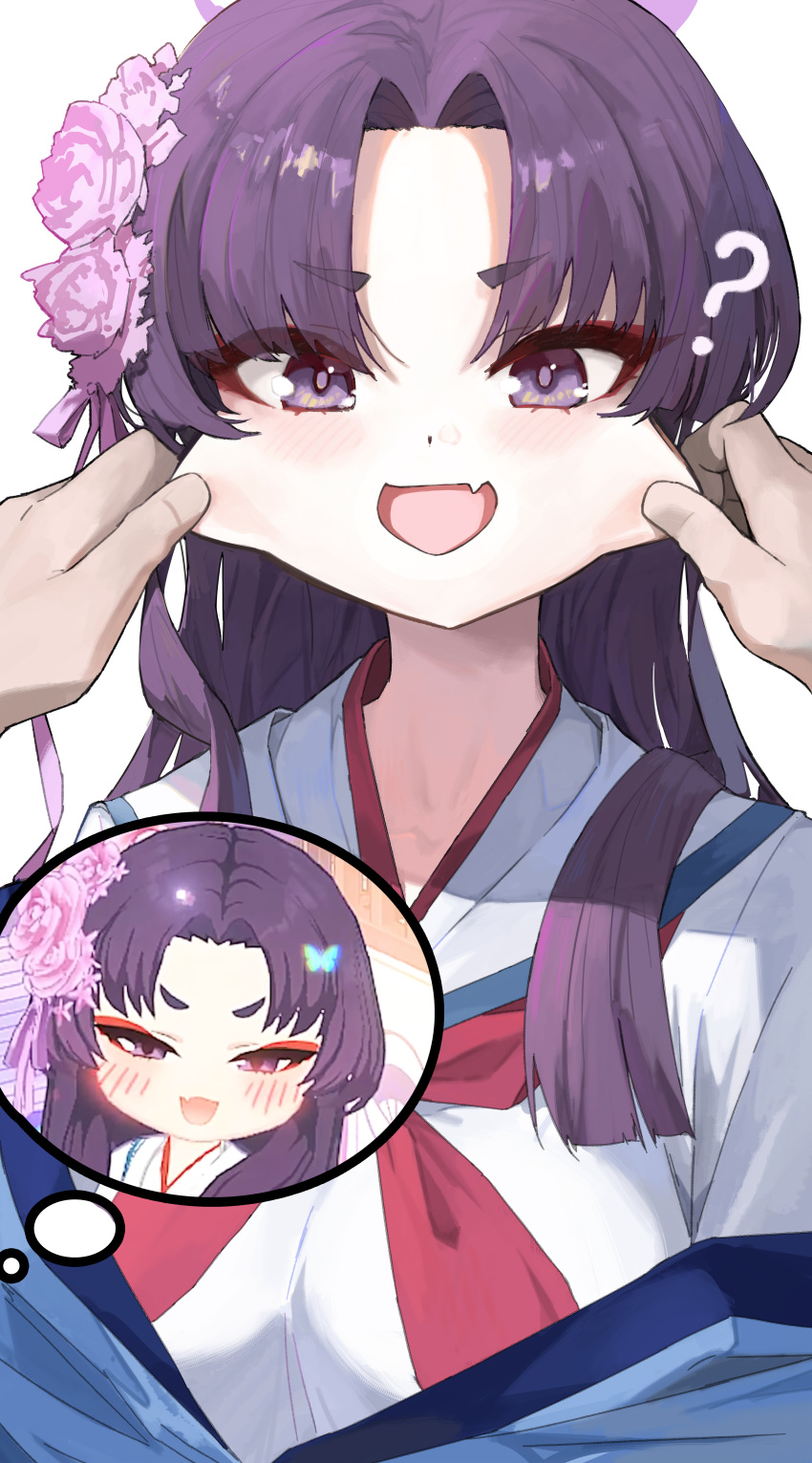 1-5iro, 1girl, 1other, ?, absurdres, blue_archive, blush, breasts, cheek_pull, fang, flower, game_screenshot_inset, hair_flower, hair_ornament, haori, highres, japanese_clothes, large_breasts, long_hair, looking_at_viewer, neckerchief, open_mouth, purple_flower, purple_hair, red_neckerchief, sailor_collar, school_uniform, serafuku, simple_background, skin_fang, solo_focus, upper_body, violet_eyes, white_background, white_sailor_collar, yukari_(blue_archive)