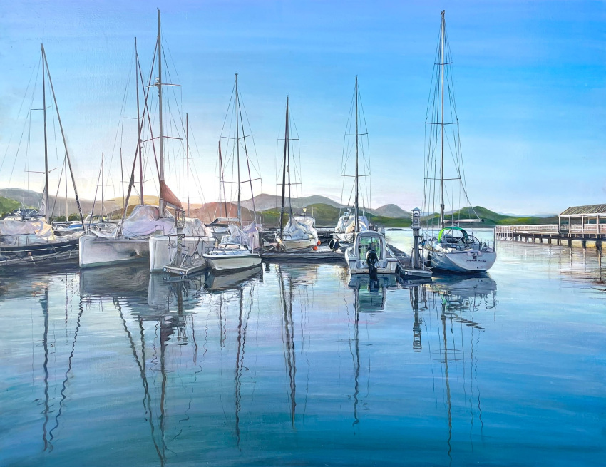 blue_sky, boat, clouds, cloudy_sky, day, dock, highres, latex_cult, mountain, mountainous_horizon, no_humans, original, pier, reflection, reflective_water, sail, sailboat, sasebo, scenery, shadow, sky, water, watercraft