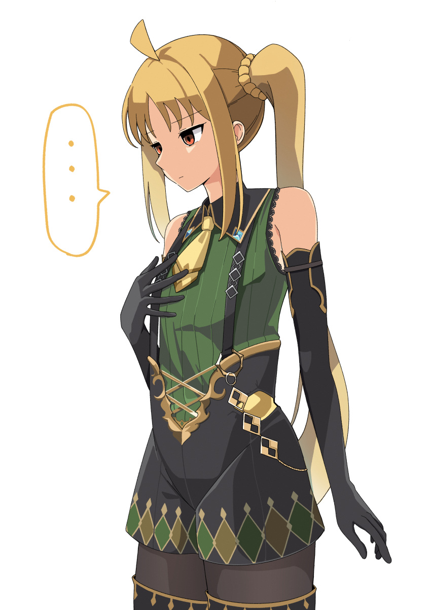 ..., 1girl, absurdres, ahoge, bare_shoulders, black_gloves, blonde_hair, blue_gemstone, bocchi_the_rock!, commentary_request, cosplay, elbow_gloves, empty_eyes, flat_chest, flat_chest_joke, gem, gloves, gokiburi_(hosan_dango), grey_pantyhose, highres, ijichi_nijika, long_hair, necktie, pantyhose, red_eyes, satono_crown_(umamusume), satono_crown_(umamusume)_(cosplay), short_necktie, side_ponytail, sidelocks, simple_background, sleeveless, solo, speech_bubble, spoken_ellipsis, suspenders, suzushiro_sayumi, umamusume, very_long_hair, voice_actor_connection, white_background, yellow_necktie