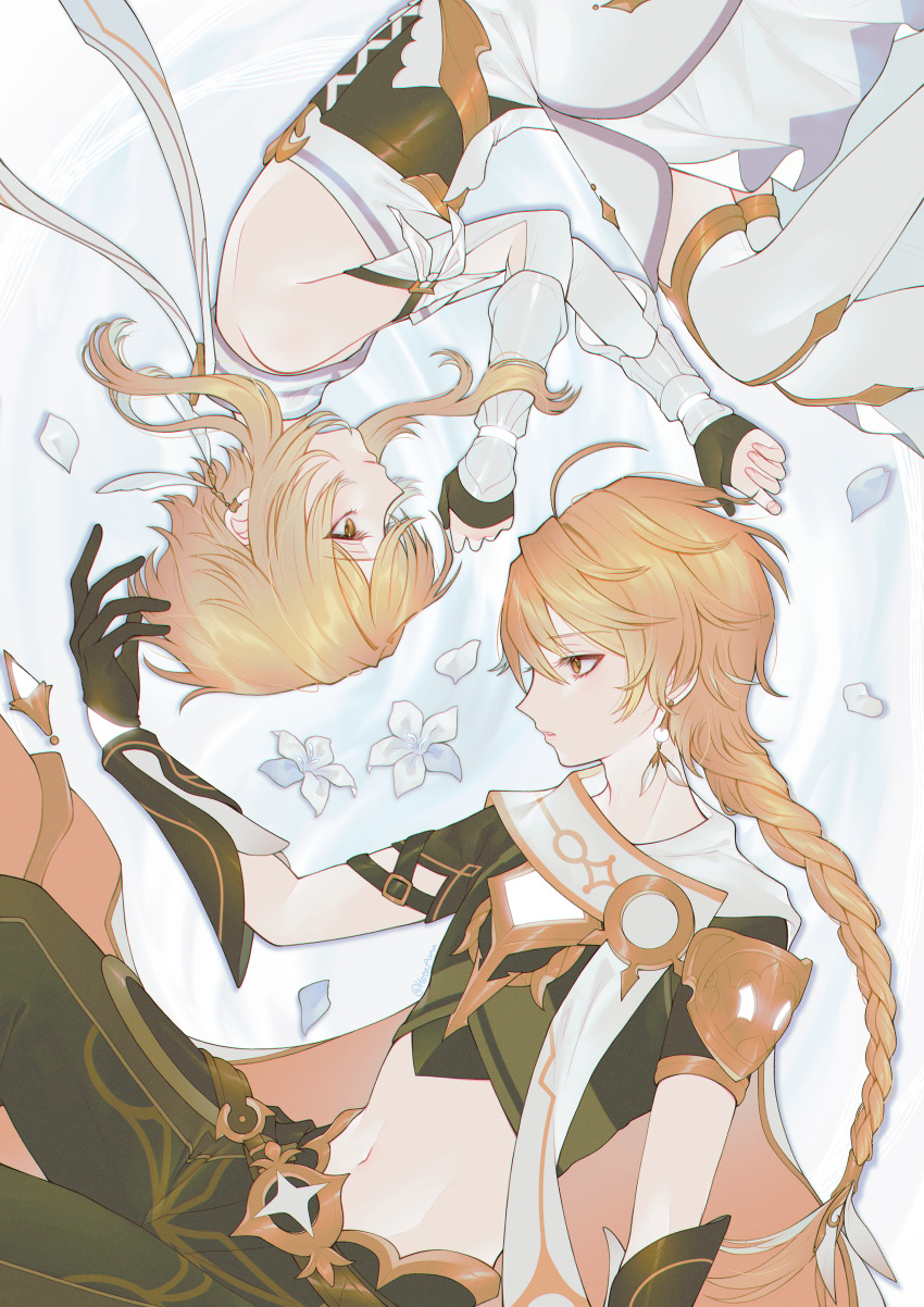 1boy, 1girl, absurdres, aether_(genshin_impact), ahoge, amano_hotaru_(hotaama), arm_armor, armor