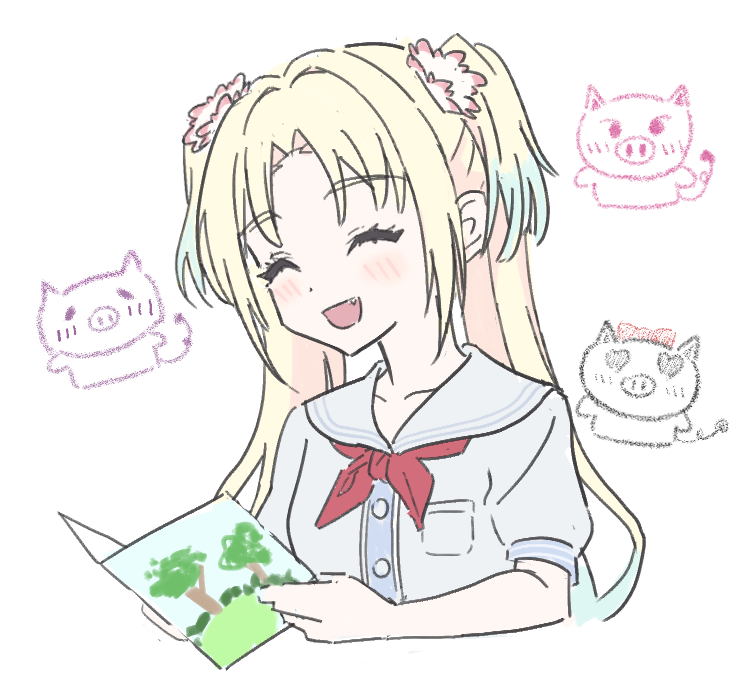 1girl, ^_^, blonde_hair, blue_dress, blue_hair, blush, book, breast_pocket