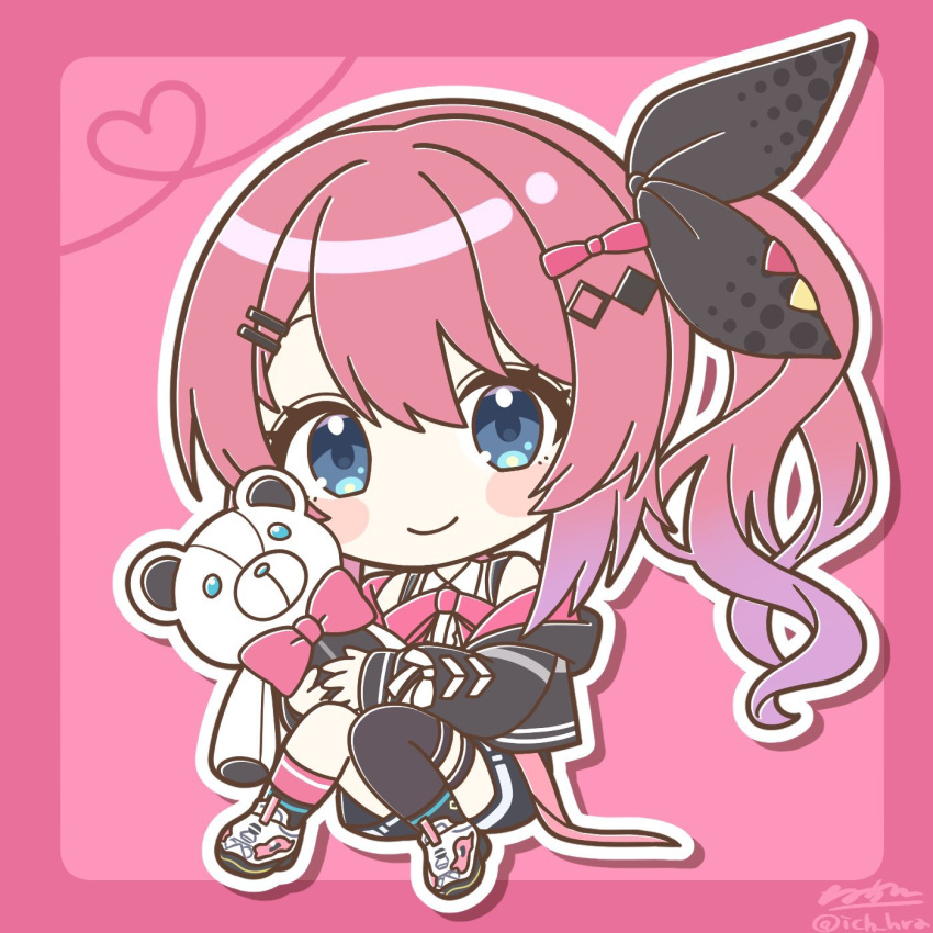 asymmetrical_legwear, black_jacket, black_ribbon, black_thighhighs, blue_eyes, border, bow, bowtie