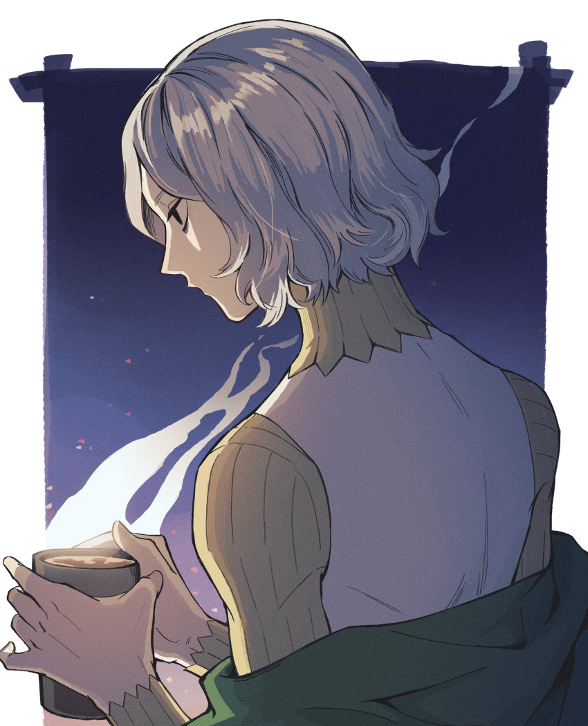 1boy, absurdres, back, bags_under_eyes, black_eyes, blue_background, border, cup, dungeon_meshi, elf, expressionless, from_behind, gorget, grey_hair, highres, holding, holding_cup, long_sleeves, male_focus, mithrun, notched_ear, pointy_ears, profile, shirt, short_hair, solo, steam, tenoh_0303, tunic, wavy_hair, white_border